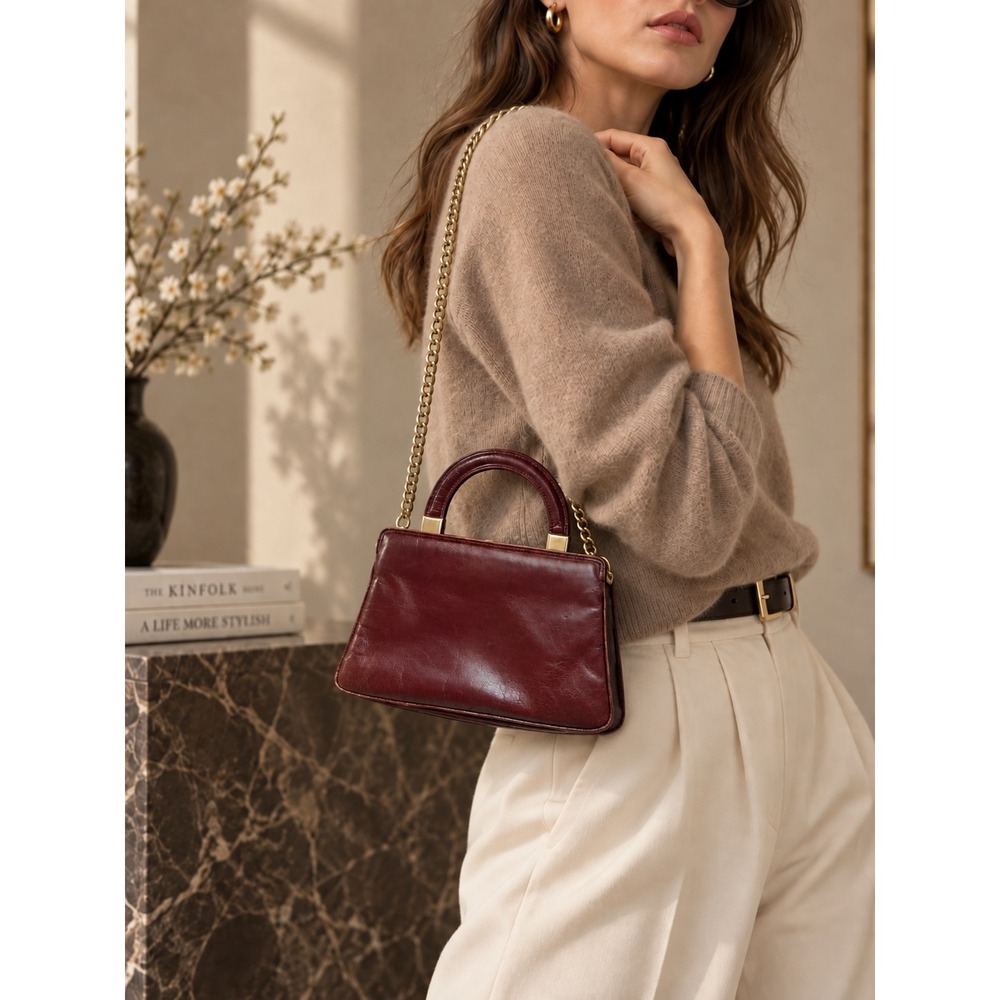 Vintage Burgundy Leather Top Handle Bag Gold Chain Strap Structured Evening Bag